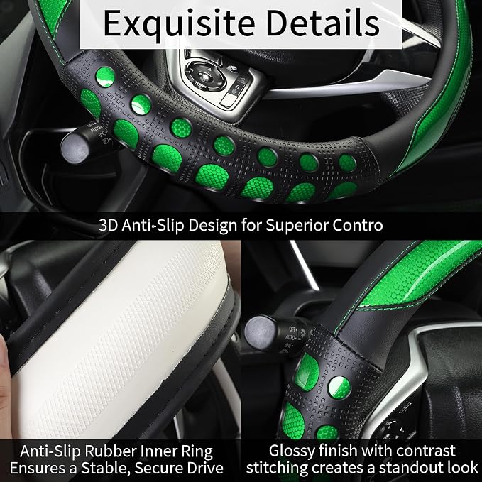 PU Leather Car Steering Wheel Cover with Anti-Slip Grip, for Women and Men, Universal Fit for 14.5-15 Inch Cars, Trucks, SUVs (Green (Round), Medium(Standard) Size[14 1/2''-15''])