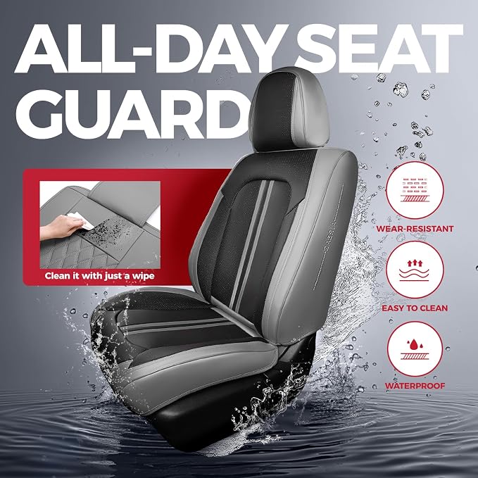 FREESOO Car Seat Covers Full Set, Black Gray Waterproof Car Seat Cover, Leather Seat Covers for Trucks, Luxury Car Seat Covers Front Seats and Auto Back, Car Seat Protector Cushion for Most SUV Cars