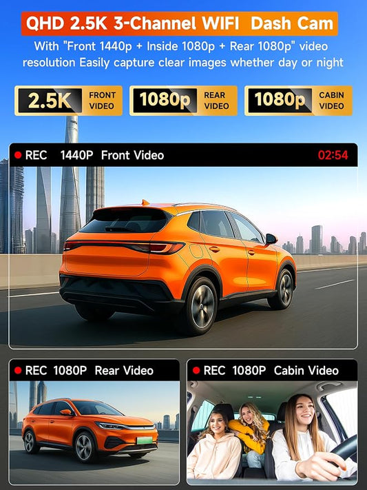 3 Channel 2.5K Dash Cam with 5GHz WiFi & APP Control, 2.5K+1080P+1080P Front Inside and Rear, Triple Dash Camera with SD Card, 24 Hours Parking Mode, Loop Recording, Night Vision