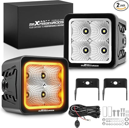 maXpeedingrods 3in LED Pod Lights Amber & White DRL Flood Beam 80W 5 Modes | 8000LM Cube Offroad Lights, Memory Function, Wiring Harness, IP67 Waterproof for Jeep Wrangler, Ford F150, Truck, ATV UTV