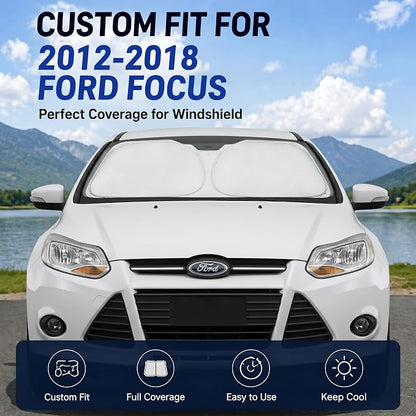 Custom Fit Windshield Sun Shade for Ford Focus 2012-2018 | Perfect Vehicle Fit, Cooler Interior, Blocks UV Rays, Stronger Frame, Easy Fold & Store
