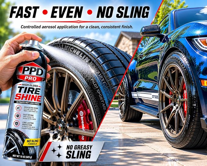 MPD PRO High Gloss Tire Shine Spray – Wet Look Finish, Fast Drying No Sling Formula, Long Lasting Tire & Trim Protection, Professional Automotive Detailing, 15 oz Aerosol