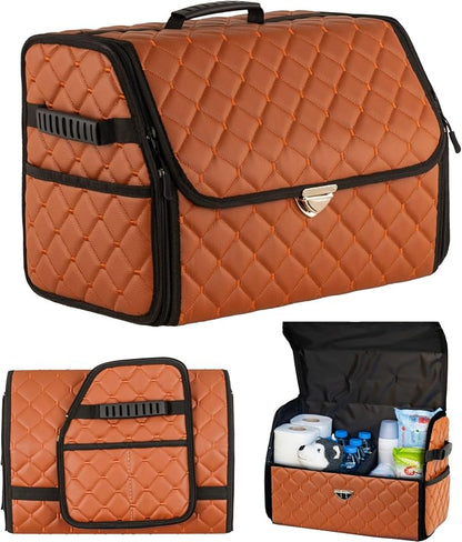 Leather Trunk Organizer with Lid for Suv and more, Foldable Car Organizer, Car Organizers and Storage with Pockets, Non-Slip Design