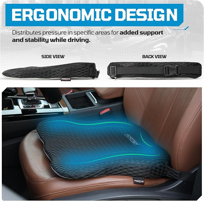 FORTEM Car Seat Cushion, Memory Foam Wedge Cushion for Driving, Car Seat Pad for Comfort, Non Slip Bottom, Adjustable Straps, Washable Cover