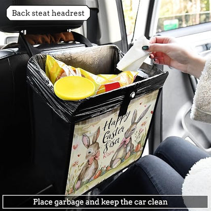 Car Trash Can Organizer Bin with Adjustable Strap for Back Front Seat Console Waterproof Leakproof Collapsible Portable 8.66 Inch Happy Easter Bunny Carrot