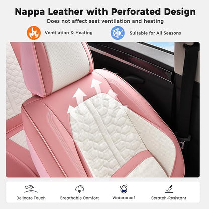 Huidasource Leather Seat Covers Front Seat, Pink & White Car Seat Covers Universal Fit for Most Cars SUV Trucks, Waterproof Automotive Car Seat Cushion Cover Protector with Lumbar Support