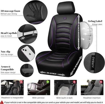 CAR PASS 3D Foam PU Leather Car Seat Covers, Universal Seat Covers Front 2 for Trucks SUV Sedan Automotive Seat Covers Armrest Airbag Compatible Waterproof Comfortable Faux Nappa Leather Black Purple