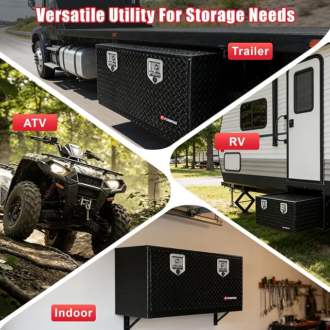 FORWODE 36x17x18 Inch Underbody Truck Tool Box Aluminum Trailer Tool Box with Lock & Foldable T-Handle Waterproof Truck Storage Box for Pickup Truck, Trailer, RV, ATV, Indoor（BLACK）