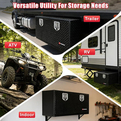 FORWODE 36x17x18 Inch Underbody Truck Tool Box Aluminum Trailer Tool Box with Lock & Foldable T-Handle Waterproof Truck Storage Box for Pickup Truck, Trailer, RV, ATV, Indoor（BLACK）