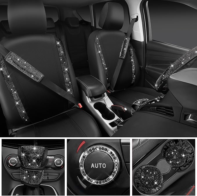 CAR PASS Leather Bling Seat Covers Full Sets 16 pcs, Bling Diamond Car Accessories Set for Women, Sparkly Rhinestone Steering Wheel Cover, Glitter Cute Car Interior Sets for Women Girl, Black Diamond