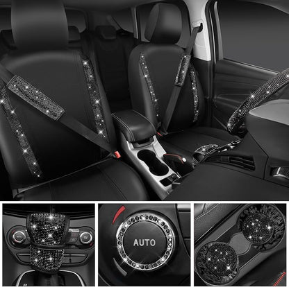 CAR PASS Bling Diamond Leather Car Seat Covers 11 PCS, Sparkly Rhinestone Steering Wheel Cover Glitter Cute Interior Car Accessories Sets Seat Belt Cushion Cup Holder Coaster Women Girl, Black Diamond