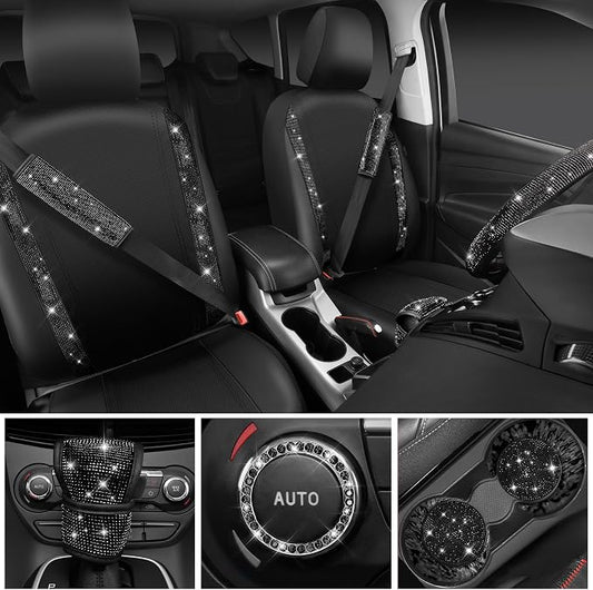 CAR PASS Bling Diamond Leather Car Seat Covers 11 PCS, Sparkly Rhinestone Steering Wheel Cover Glitter Cute Interior Car Accessories Sets Seat Belt Cushion Cup Holder Coaster Women Girl, Black Diamond