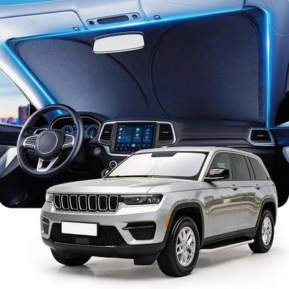 DMJN Front Windshield Sun Shade for Jeep Grand Cherokee (2011-2026), [Nano Ice-Crystal Coatings] UPF50+ Heat & UV Block, Protect Car Interior & Keep Cool, Flodable Steel-Ring Car Cover for Summer