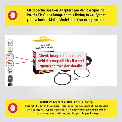 Scosche SAHR6 6.5-6.75” Speaker Adapters Compatible with Select 2004-14 Acura and Honda Vehicles - 6 1/2" to 6 3/4" Adapter Spacer for Car Door Speakers - Sold in Pairs - See Images for Vehicle List