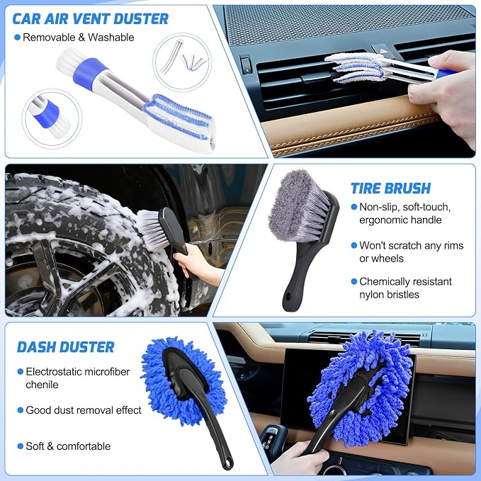 Nilight 27PCS Car Detailing Kit Auto Cleaning Tools Wash Set with Storage Carry Bag Home Use for Interior Exterior Deep Clean Polish Car Care Windshield Dashboard Seat Air Vents Wheels Tires, Blue