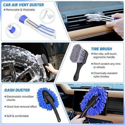 Nilight 27PCS Car Detailing Kit Auto Cleaning Tools Wash Set with Storage Carry Bag Home Use for Interior Exterior Deep Clean Polish Car Care Windshield Dashboard Seat Air Vents Wheels Tires, Blue