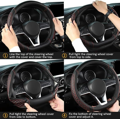 West Llama Flat Bottom Car Steering Wheel Cover for Nissan,D Shaped Steering Wheel Cover for Rogue,Altima,Kicks (Diamond Quilted-Black+Red-Standard Size)
