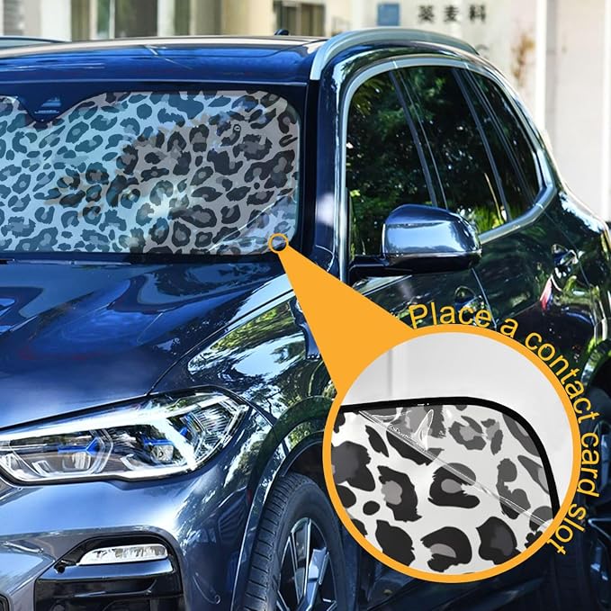Black White Leopard Windshield Sun Shade Blocks UV Rays Visor Protector Accordion Folding Sun Reflector Auto Sunshade for Car Truck SUV to Keep Your Vehicle Cool