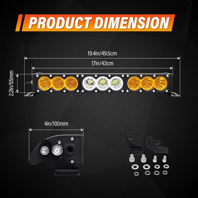 AUXTINGS 17 inch Single Row Dual Color LED Light Bar 90W Off Road Light Bar White Amber Combo LED Work Light Truck UTV 4x4 Cars SUVs ATVs Boats Fog Driving Light with Wiring Harness kit