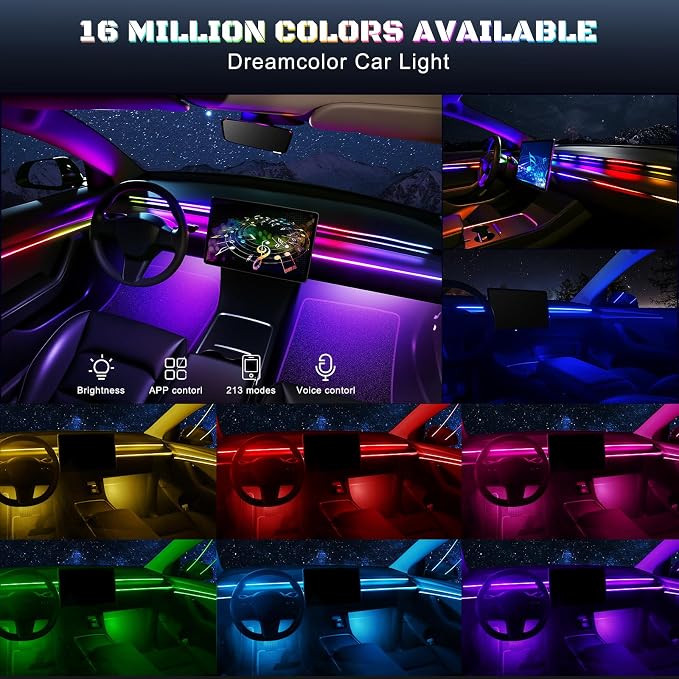 Dreamcolor Acrylic Interior Car LED Strip Light with USB/Type C/4-Port USB Cigarette Lighter,RGB 10 in 1 with 175 inches 650 LEDs Ambient Lighting Kits, Sound Active Function Neon Led Strips for Car