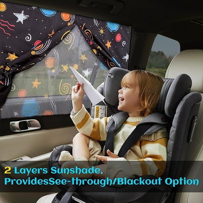 Car Window Shades, 2 Packs Magnetic Car Sun Shades for Baby, 2 Layers for Blackout/See Through Options Colorful Starry Pattern Side Window Curtain for Kids Heat/UV Blocker