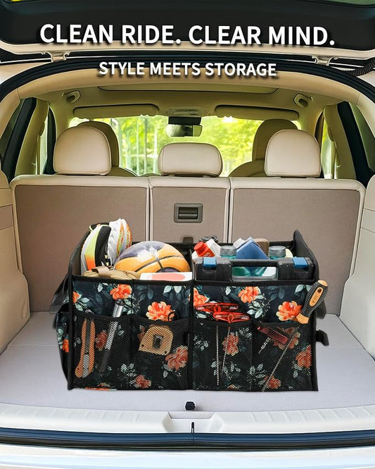 SIBOFUEGO Sturdy Car Trunk Organizer – Large Capacity Trunk Organizer for SUVs & Sedans, Hard-Shell One-Piece Design with Cute Print, Collapsible and Durable Car Organizers (Flower 70L)