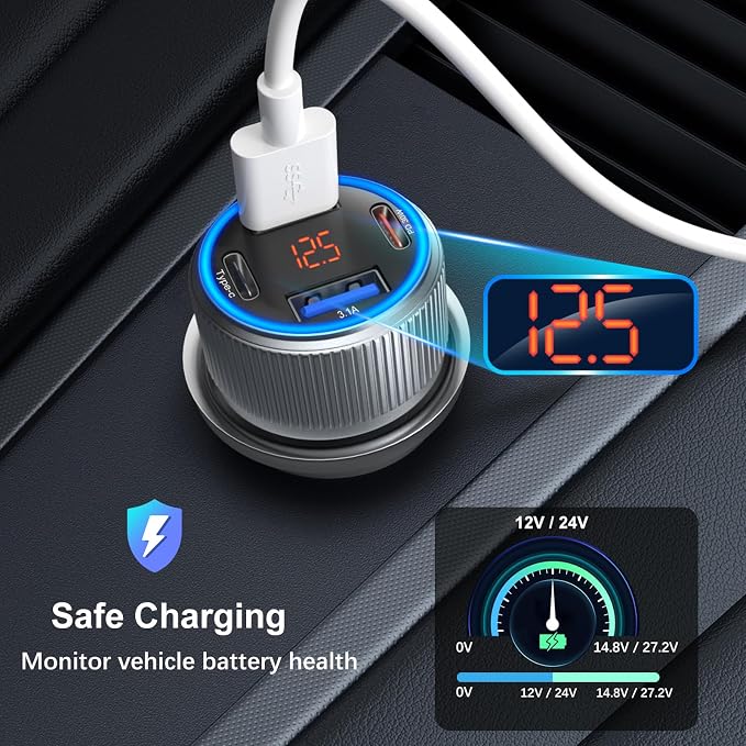 USB C Car Charger 5 Pack, 65W Dual 12V USB C & USB A Car Charger with Voltage Display Multi Port PD/QC 3.0 Fast Charge Cigarette Lighter Adapter for iPhone 17/16/15/14/13 Pro,Galaxy S25,Android(Grey)
