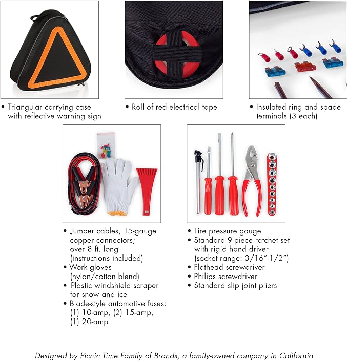 PICNIC TIME NCAA Cornell Big Red Roadside Emergency Car Kit, Auto Vehicle Safety Road Side Assistance with Jumper Cables and Car Tool Kit, (Black with Orange Accents)