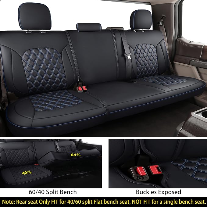 Huidasource Car Seat Covers for Dodge Ram, Full Coverage Waterproof Leather Pickup Truck Seat Cushion Protector Fit for 2009-2018 1500, 2010-2025 2500/3500 Crew Mega Cab(Full Set/Black&Blue)
