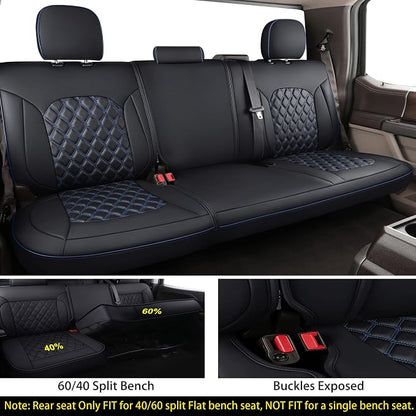 Huidasource Car Seat Covers for Dodge Ram, Full Coverage Waterproof Leather Pickup Truck Seat Cushion Protector Fit for 2009-2018 1500, 2010-2025 2500/3500 Crew Mega Cab(Full Set/Black&Blue)