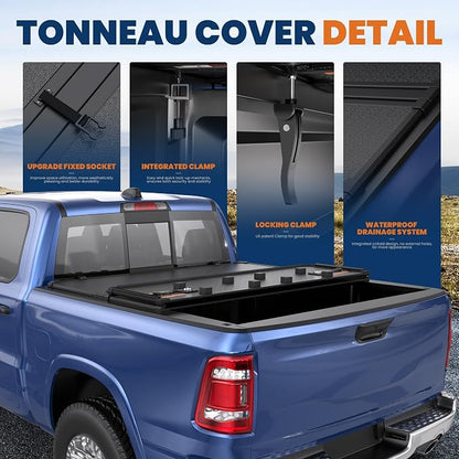 KUIPERAUTO 6.4FT Tri Hard Truck Bed Tonneau Cover Compatible for 2002-2026 Dodge Ram 1500 Classic & New Body/2003-2024 Ram 2500 3500 (w/o Ram Box) 6.4 FT Aluminum