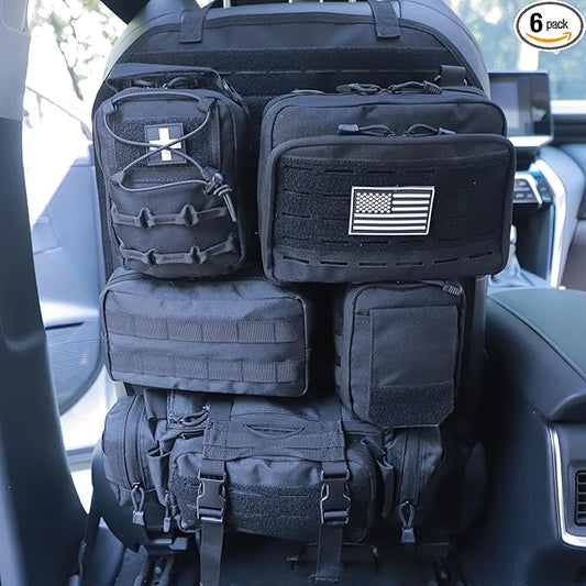 Universal Tactical Car Seat Back Organizer Bag Tactical Molle Vehicle Organizers Panel Vehicle Protector Organizers with 5 Detachable Pouches for Car Truck Ford Jeep (Upgraded C model Black)