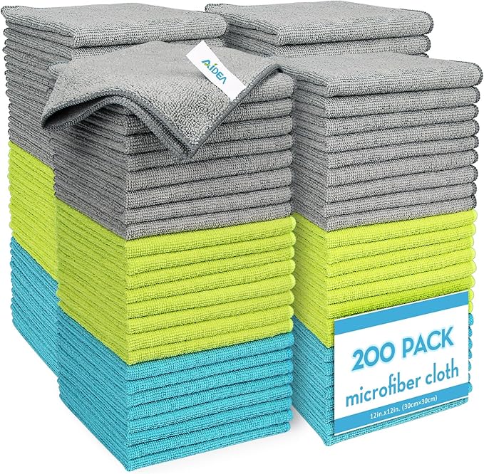 AIDEA Microfiber Cleaning Cloth-200PK, Soft Microfiber Towels for Cars, Absorbent Cleaning Rags, Lint-Free Streak-Free Wash Cloths for House, Kitchen, Window(12in.x12in)
