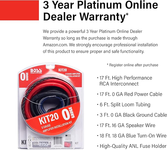 BOSS Audio Systems KIT20 0 Gauge Amplifier Installation Wiring Kit - A Car Amplifier Wiring Kit Helps You Make Connections and Brings Power to Your Radio, Subwoofers and Speakers