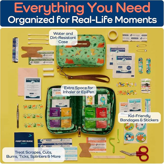 KeepGoing Travel First Aid Kit for Kids – 130 Pc. for Car, Home, Purse, Diaper Bag & Backpack with Latex-Free Bandages - Mini First Aid Kit Travel Size TSA-Approved
