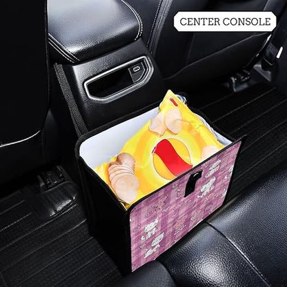 Car Trash Can Organizer Bin with Adjustable Strap for Back Front Seat Console Waterproof Leakproof Collapsible Portable 11 Inch Checkered Pink Kittens Hearts Shells