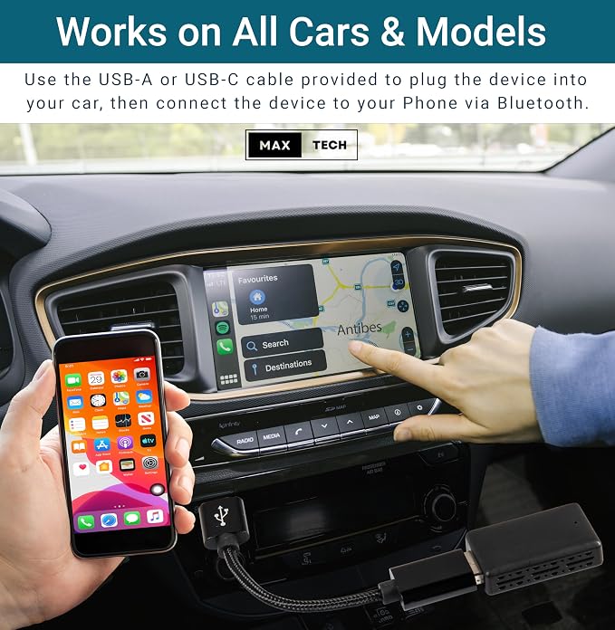 MAX=TECH - Compact Wired to Wireless Adapter for Carplay and Android Auto, with USB Type A and C Adapters - 2 in 1 - Fast Reliable and Easy to Use - All Car Models