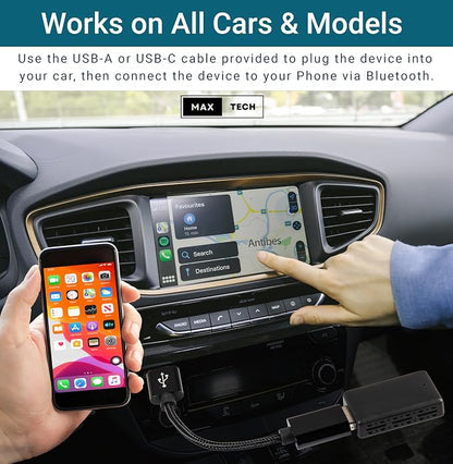 MAX=TECH - Compact Wired to Wireless Adapter for Carplay and Android Auto, with USB Type A and C Adapters - 2 in 1 - Fast Reliable and Easy to Use - All Car Models