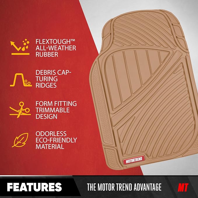 Motor Trend 3-Row Heavy Duty Rubber Floor Mats & Liners for Car SUV Van, Front 2nd & 3rd Row Durable Polymerized Latex Full Interior Protection, Extra-High Ridgeline Design, Beige