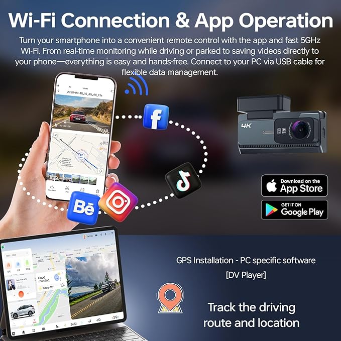 4K+2K Dash Cam Front and Rear, 5G WiFi GPS, 32GB Card Included, 3.39" Screen Dual Dashcam, G-Sensor, 24H Parking Mode, WDR, Dash Camera for Cars