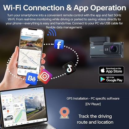 4K+2K Dash Cam Front and Rear, 5G WiFi GPS, 32GB Card Included, 3.39" Screen Dual Dashcam, G-Sensor, 24H Parking Mode, WDR, Dash Camera for Cars