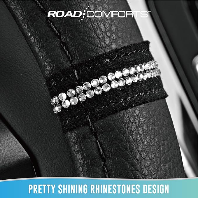 Road Comforts Leopard Steering Wheel Cover for Women, Cute Anti-Slip Microfiber Leather, Universal Fit 14.5-15 Inch Round Steering Wheel - Black