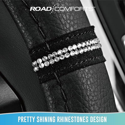 Road Comforts Leopard Steering Wheel Cover for Women, Cute Anti-Slip Microfiber Leather, Universal Fit 14.5-15 Inch Round Steering Wheel - Black