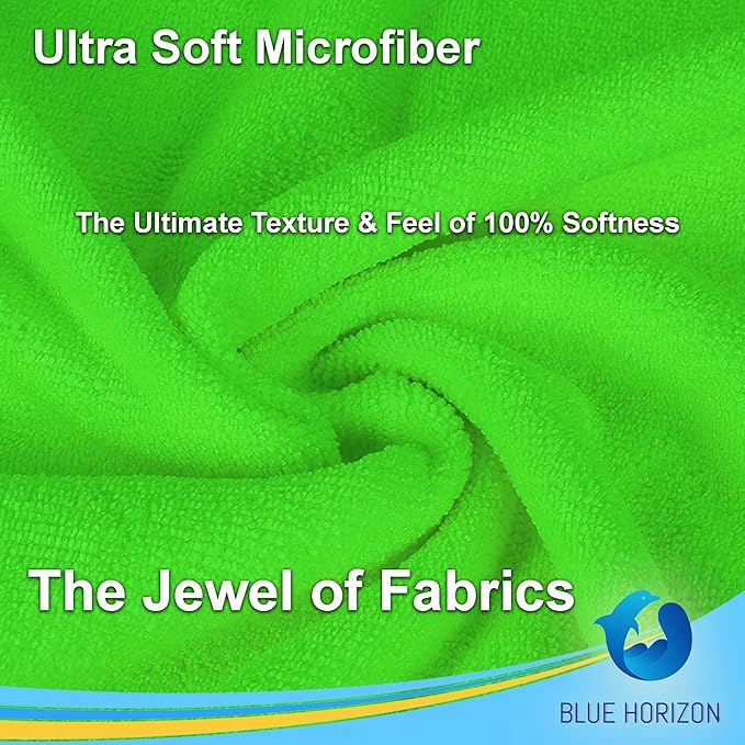 Blue Horizon Microfiber Cleaning Towels, Pack of 24, Ultra Soft Plush Washcloth, All Purpose Premium Microfiber Detailing Cleaning Cloths Reusable Shop Towels (16" x 16", Green)