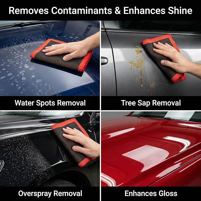 Upgrade 3.0 Car Decontamination Towel – Fine Grade Clay Bar Towel for Auto Detailing, Removes Paint Contaminants, Water Spots & Tree Sap, Enhances Gloss & Wax Bond, 12” x 12” (red and Black)