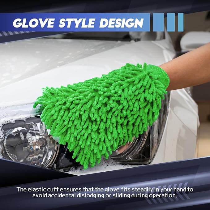 wuyaoyao 2PCS Car Wash Mitt, 10.14"×7.12" Chenille Microfiber Car Wash Mitts, Scratch-Free & Lint-Free, Absorbent Double Sided Clean Glove for Cars Cleaning, Auto Cleaning Supplies (Green)