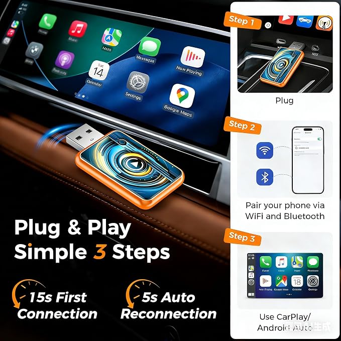 New Wireless Carplay Adapter for Apple iPhone & Android，Multi-User, No Latency - Convert Wired to Wireless Car Play Adapter for iOS 10+/Android 11+/Type-C Port with 2016+ Car