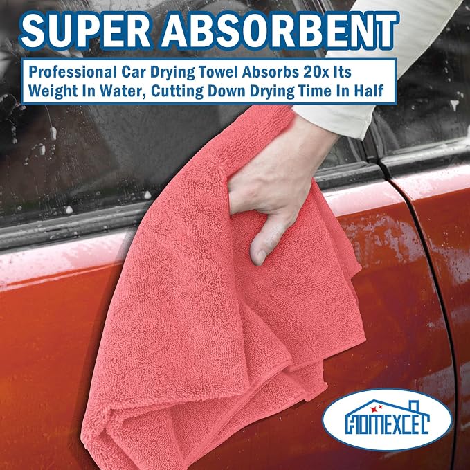 HOMEXCEL Professional Large Microfiber Car Drying Towels 2 Pack, Lint Free, Scratch Free, Highly Absorbent Drying Towel for Cars, SUVs, RVs, Trucks, and Boats,31" x 24",Red