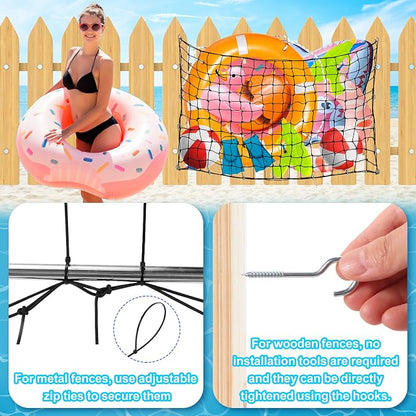 Extra Large Pool Toy Float Storage Net, 71×47'' Heavy Duty Hanging Elastic Mesh Net Organizer with 20 Hooks, 50 Cable Ties, Swimming Poolside Fence Toys Holder for Inflatable Rafts Pool Noodles Balls