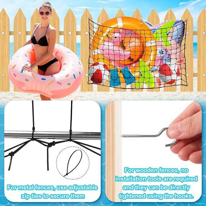 Extra Large Pool Toy Float Storage Net, 95×47'' Heavy Duty Hanging Elastic Mesh Net Organizer with 20 Hooks, 50 Cable Ties, Swimming Poolside Fence Toys Holder for Inflatable Rafts Pool Noodles Balls